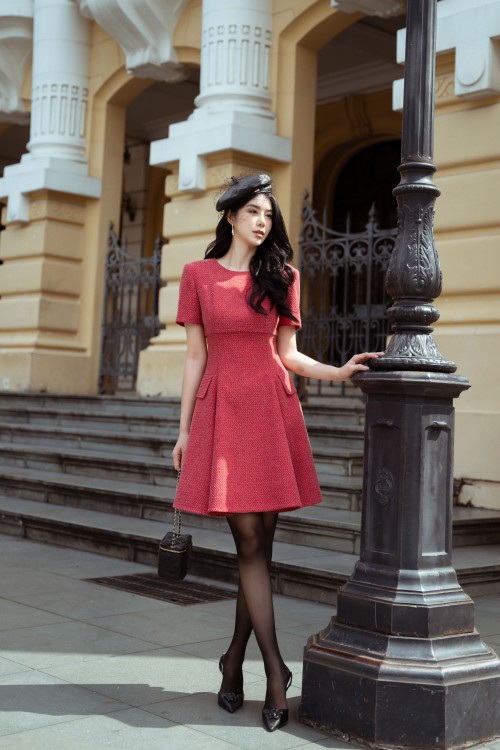 Sixdo Red Short Sleeves Mini Woven Dress